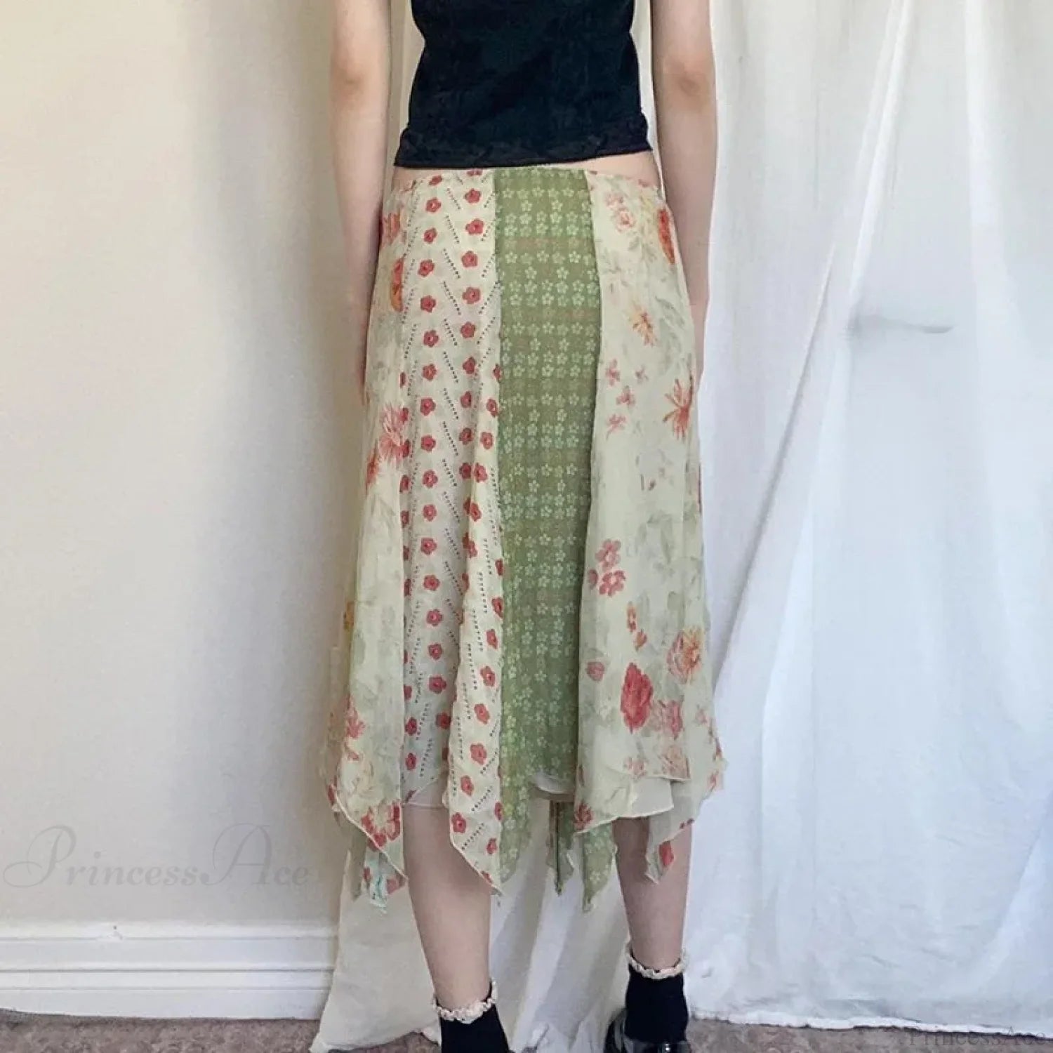 Low Waist Boho Skirts Irregular Length Floral Chiffon Vacation skirt-250126