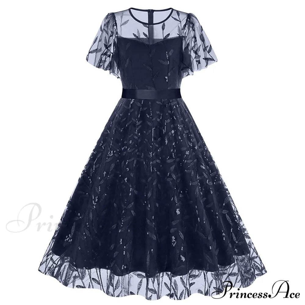 Luxury Deep V-Neck High-Waisted Lace-Up Formal Cocktail Evening Dress Navy / S