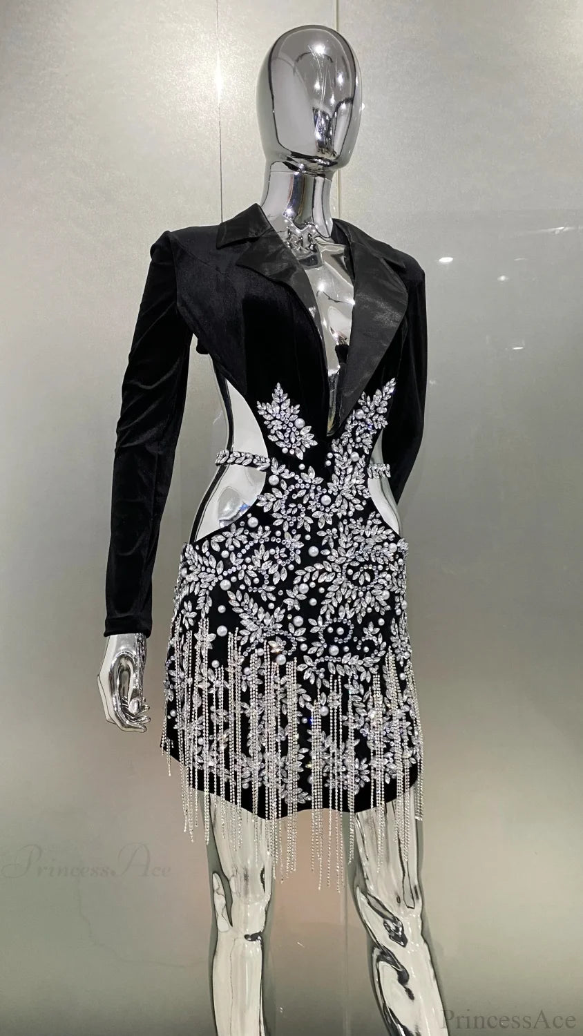 Luxury Diamonds Tassel Sexy Hollow Notched Black Mini Dress Evening Christmas Party Dresses-L