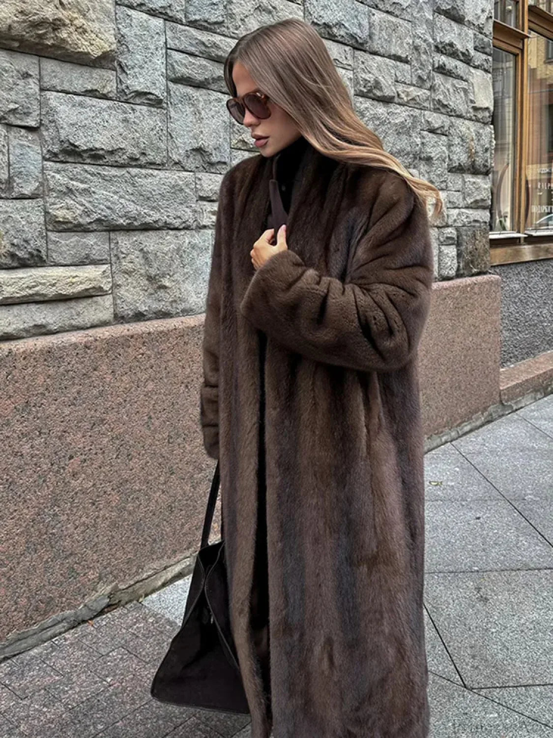 Luxury Fox Coat Long Overcoat darkbrown / S