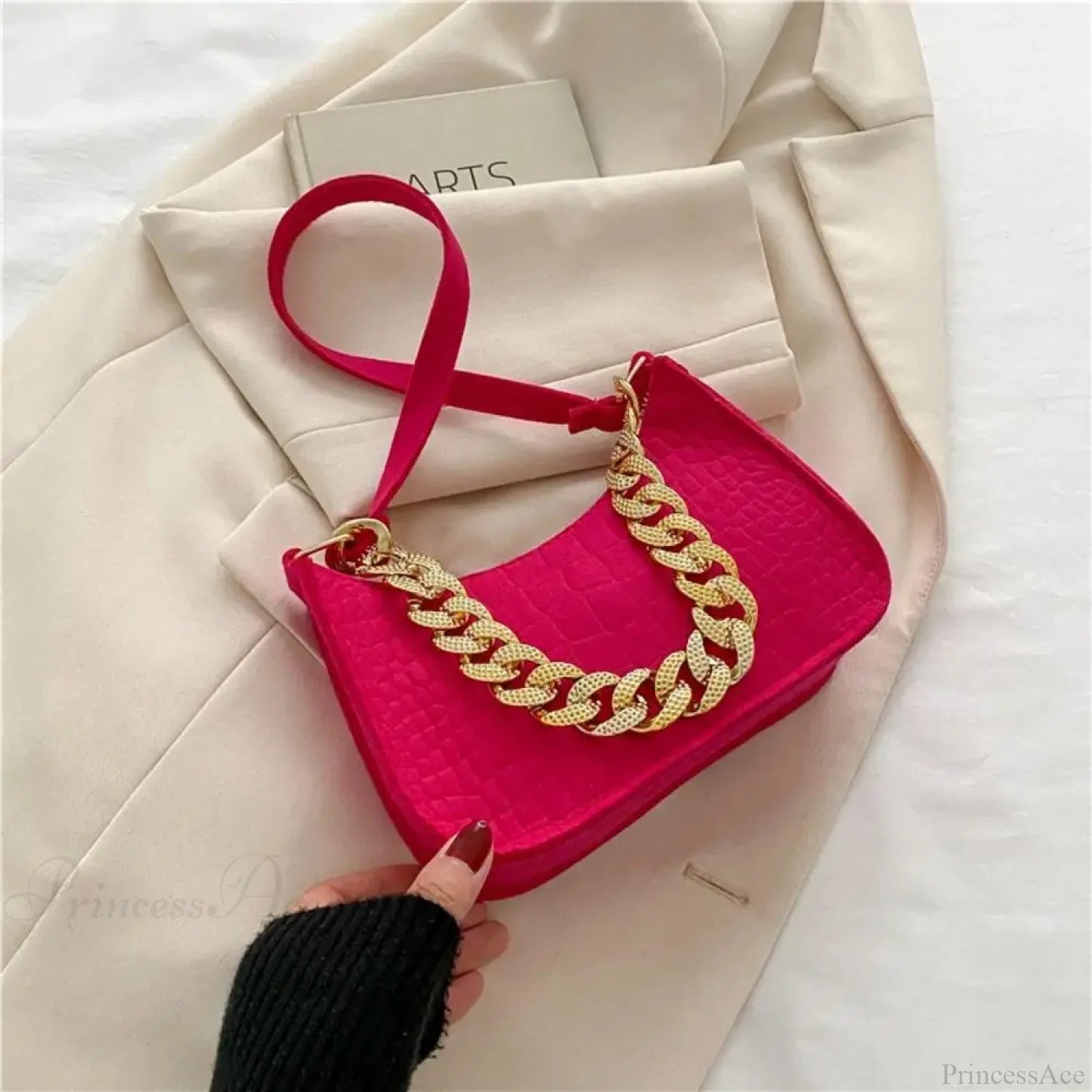 Luxury Metal Chain Shoulder Handbag Elegant Clutch Rose Red handbag-250126