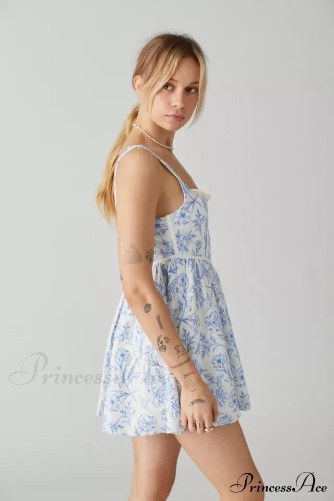 Maisie Linen Stylish Floral Mini Dress 8 Days / 6 S Blue
