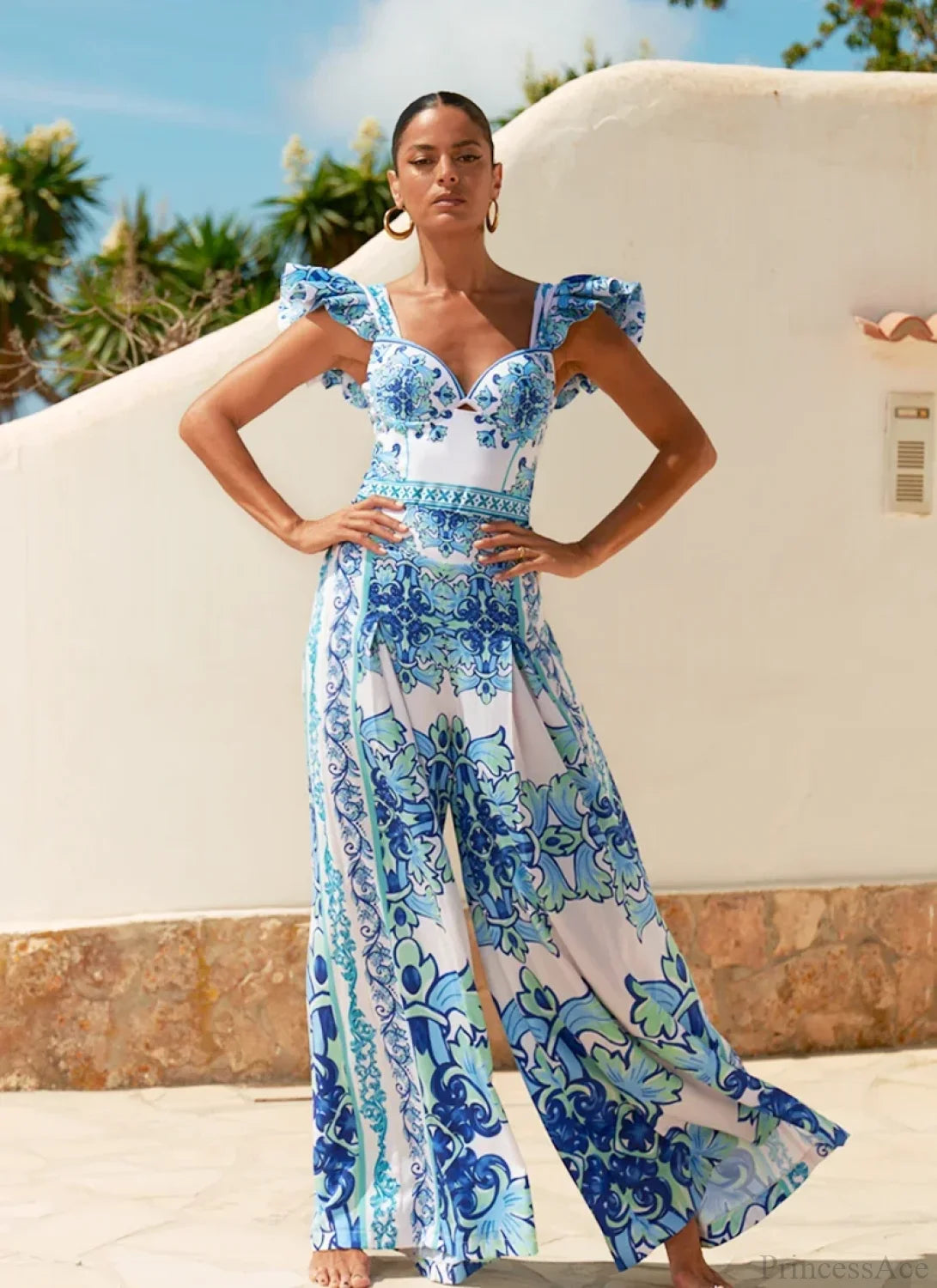 Majolica Print Sarong Pants Two Piece Set blue1 / S