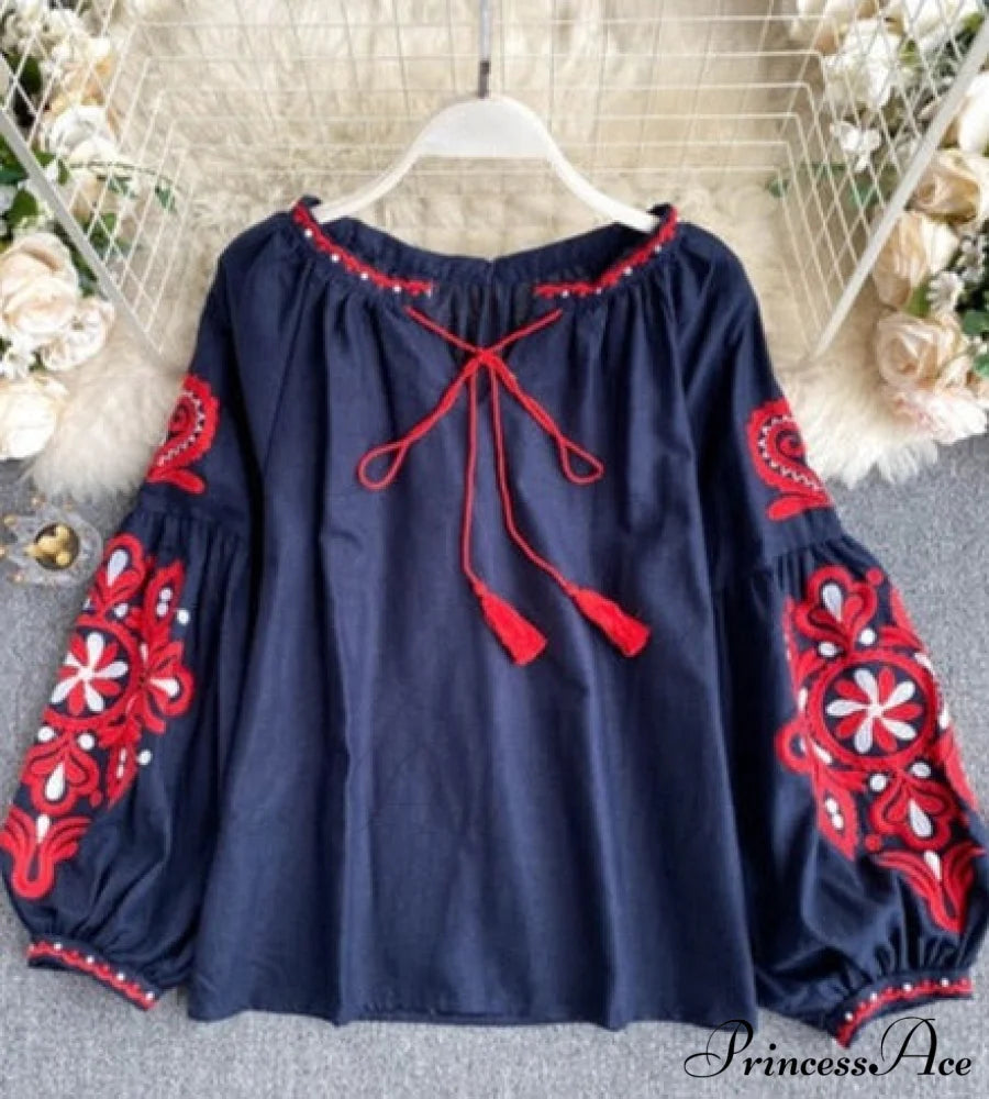 Maria Embroidered Top Navy / One Size Tops & Blouses