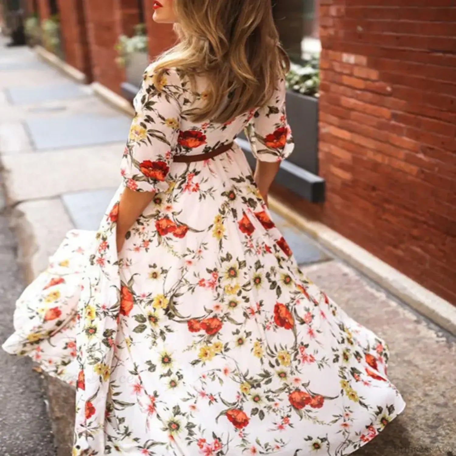 Maxi Dress Flower Print Pleated Swing Evening Dress floraldress-250126