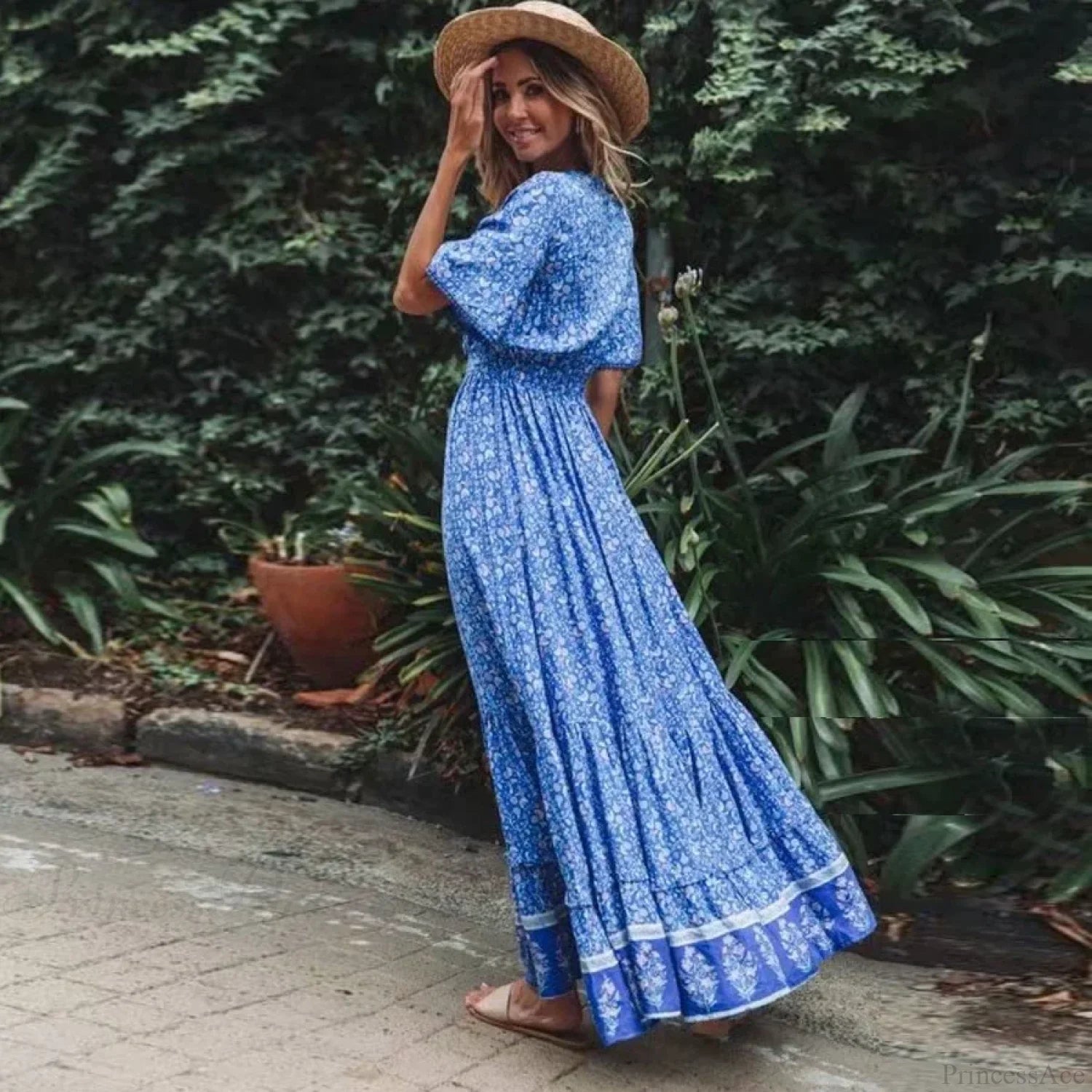 Maxi Dresses for Women Cotton Rayon Blue Floral Print Deep V-neck Boho Summer Dress bohodress-250126