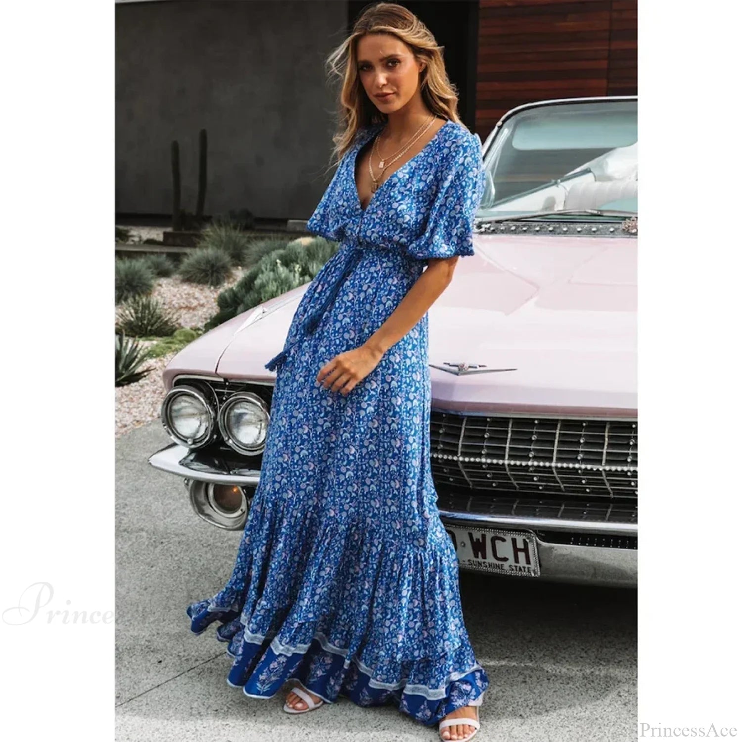 Maxi Dresses for Women Cotton Rayon Blue Floral Print Deep V-neck Boho Summer Dress bohodress-250126