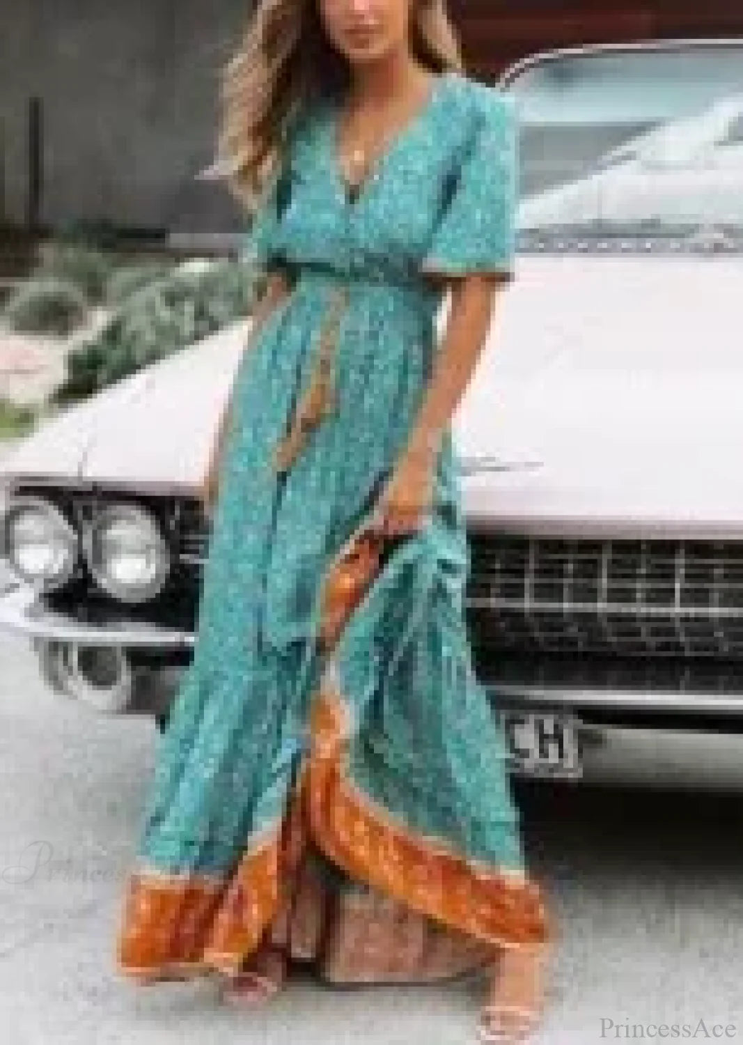 Maxi Dresses for Women Cotton Rayon Blue Floral Print Deep V-neck Boho Summer Dress Turquoise / S bohodress-250126