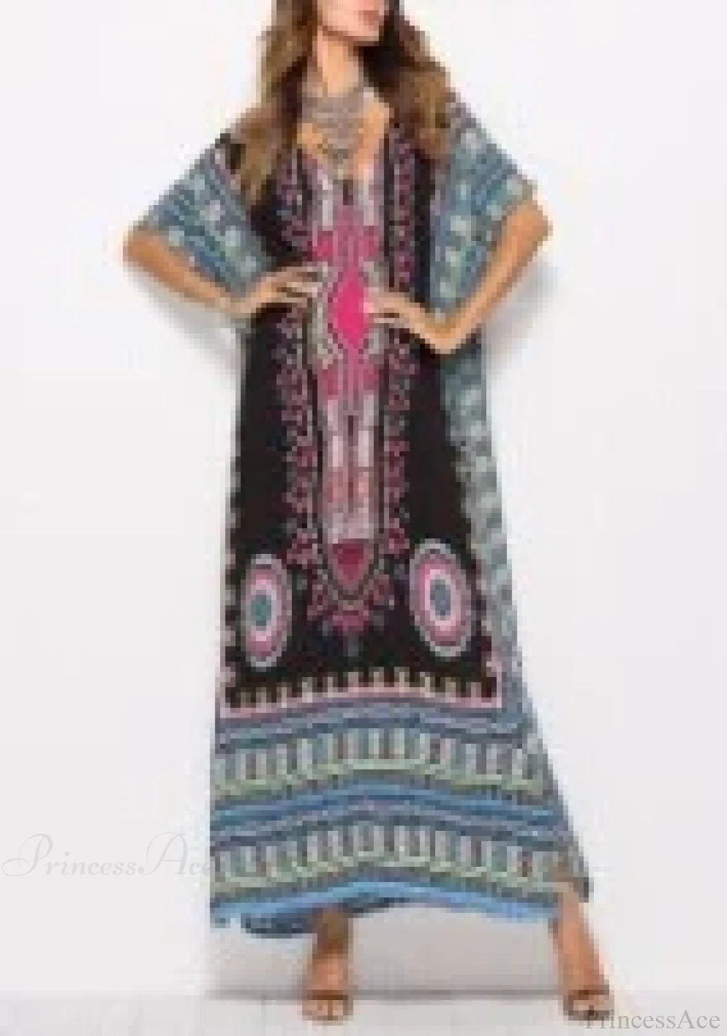 Maxi Kaftan Dress Rayon Ethnic Floral Print Beach Sundress Black / One Size bohodress-250126