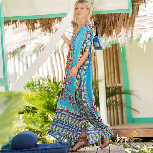 Maxi Kaftan Dress Rayon Ethnic Floral Print Beach Sundress bohodress-250126