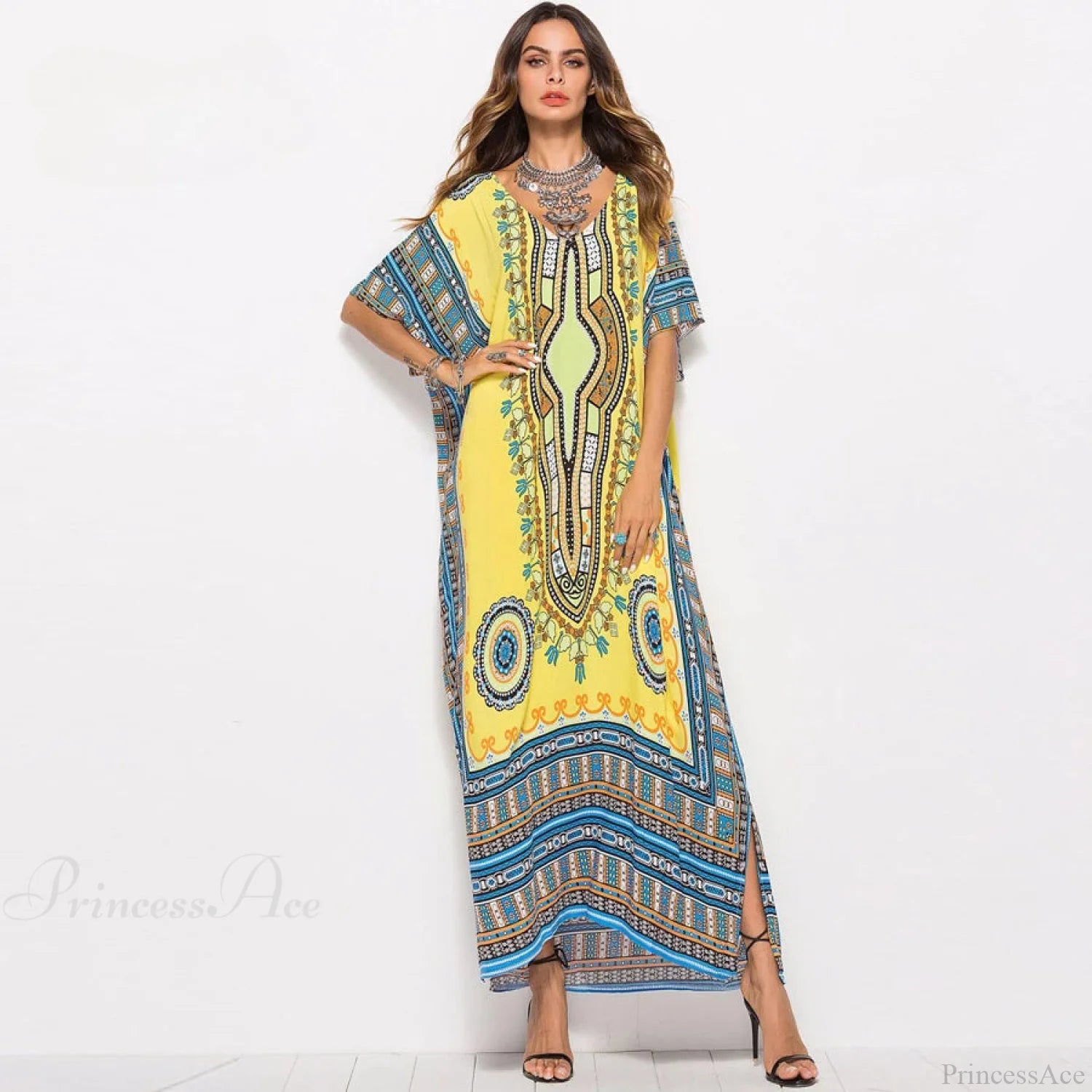 Maxi Kaftan Dress Rayon Ethnic Floral Print Beach Sundress bohodress-250126