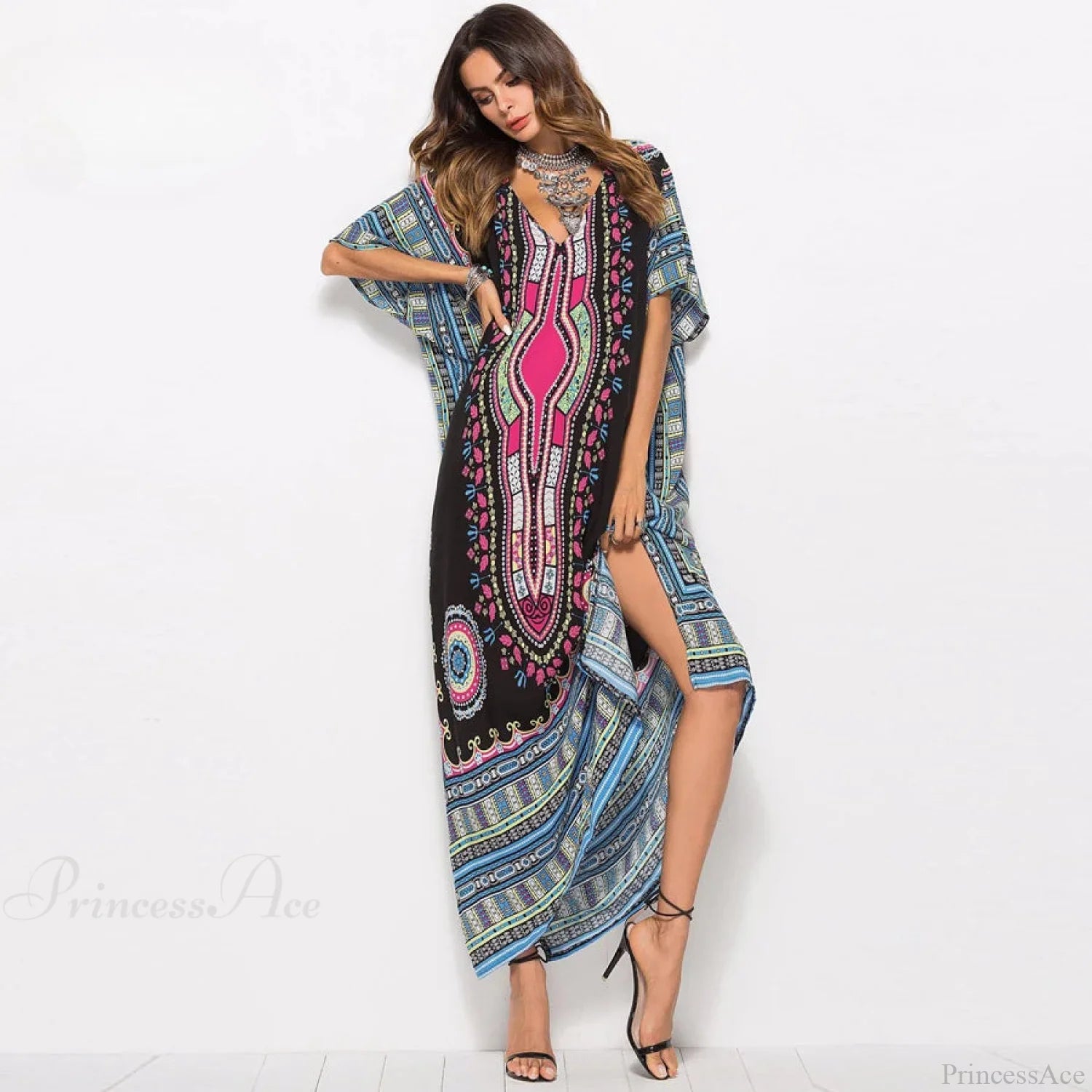 Maxi Kaftan Dress Rayon Ethnic Floral Print Beach Sundress bohodress-250126