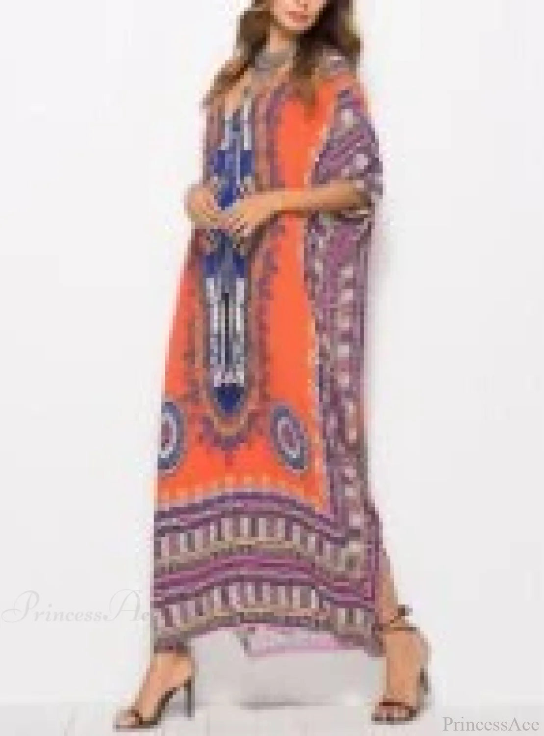 Maxi Kaftan Dress Rayon Ethnic Floral Print Beach Sundress Brown / One Size bohodress-250126