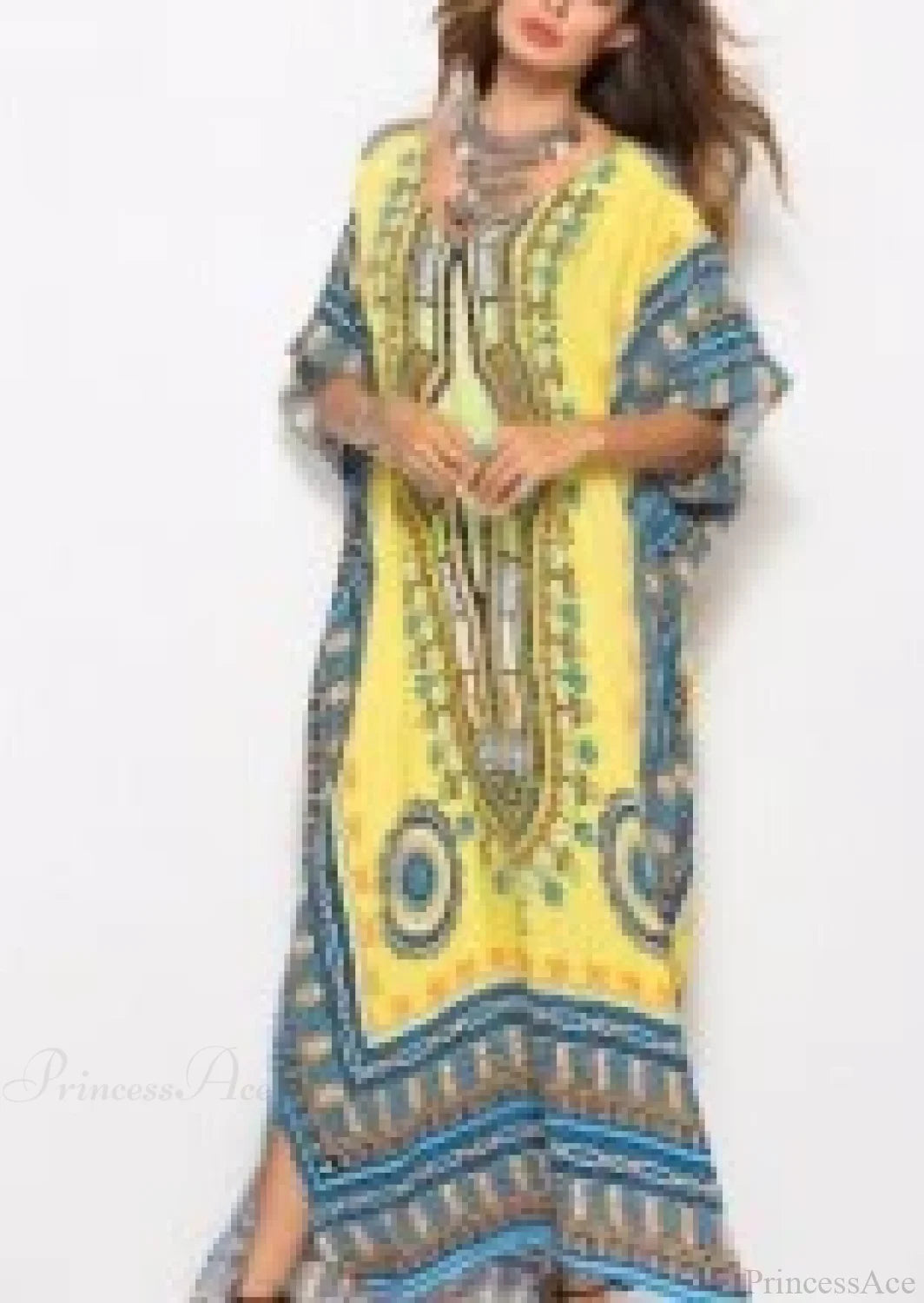 Maxi Kaftan Dress Rayon Ethnic Floral Print Beach Sundress Gold / One Size bohodress-250126