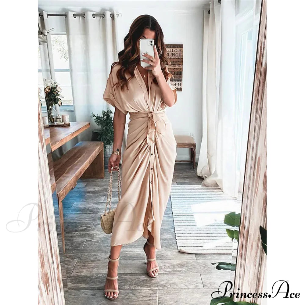 Women's Shirt Maxi Long Dress Gold __stock:200 casual dresses clothes dresses refund_fee:1200 show-color-swatches