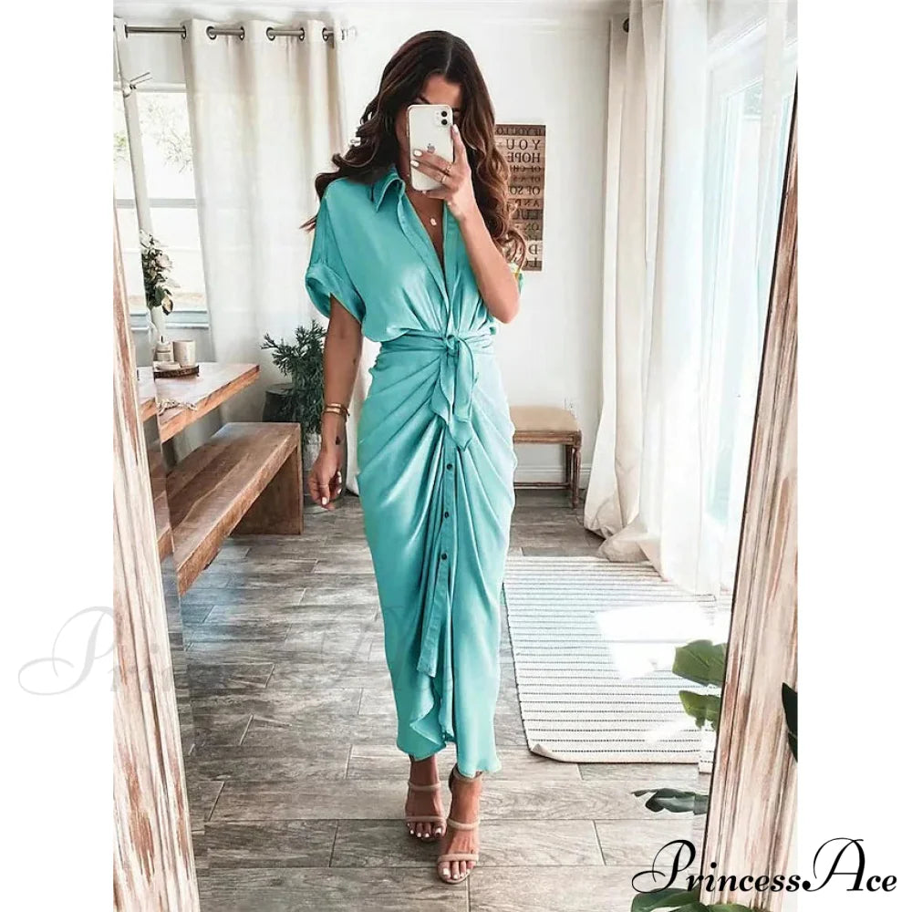 Women's Shirt Maxi Long Dress Green __stock:200 casual dresses clothes dresses refund_fee:1200 show-color-swatches