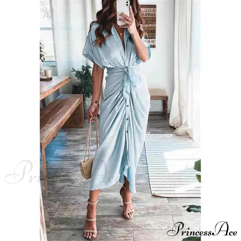 Women's Shirt Maxi Long Dress Light Blue __stock:200 casual dresses clothes dresses refund_fee:1200 show-color-swatches