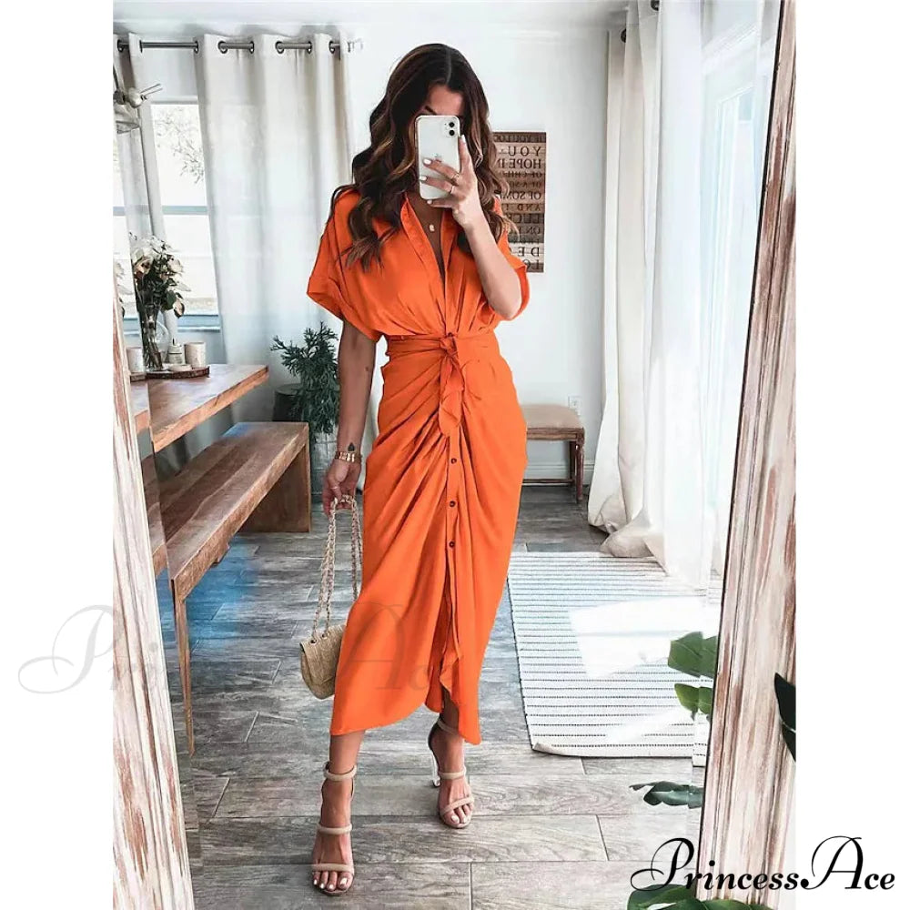 Women's Shirt Maxi Long Dress Orange __stock:200 casual dresses clothes dresses refund_fee:1200 show-color-swatches