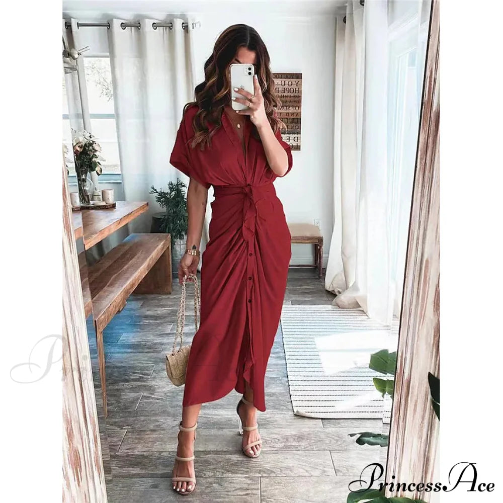 Women's Shirt Maxi Long Dress Wine __stock:200 casual dresses clothes dresses refund_fee:1200 show-color-swatches