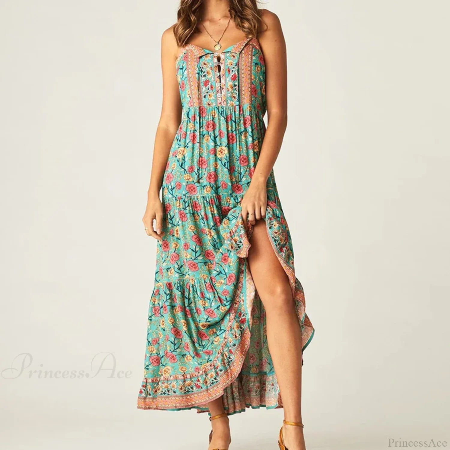 Maxi Strap Dress Green Rayon Floral Print Gypsy Summer Dress bohodress-250126