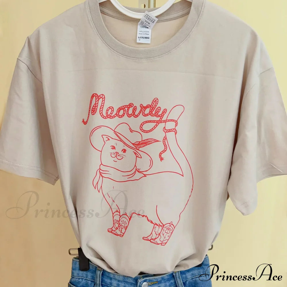 Meowdy Cat Stylish Graphic Tee Letter Print Cotton Tees