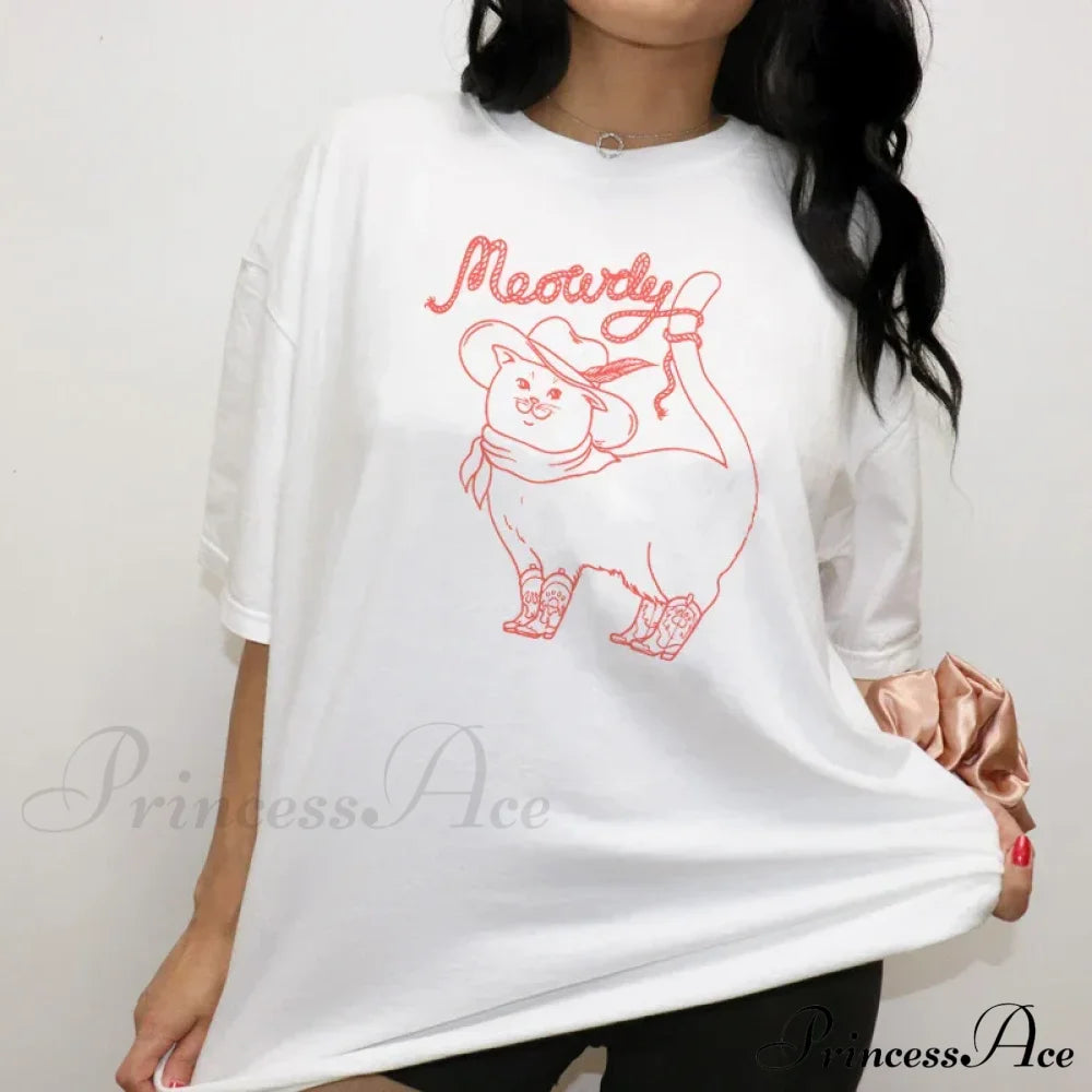 Meowdy Cat Stylish Graphic Tee Letter Print Cotton Tees