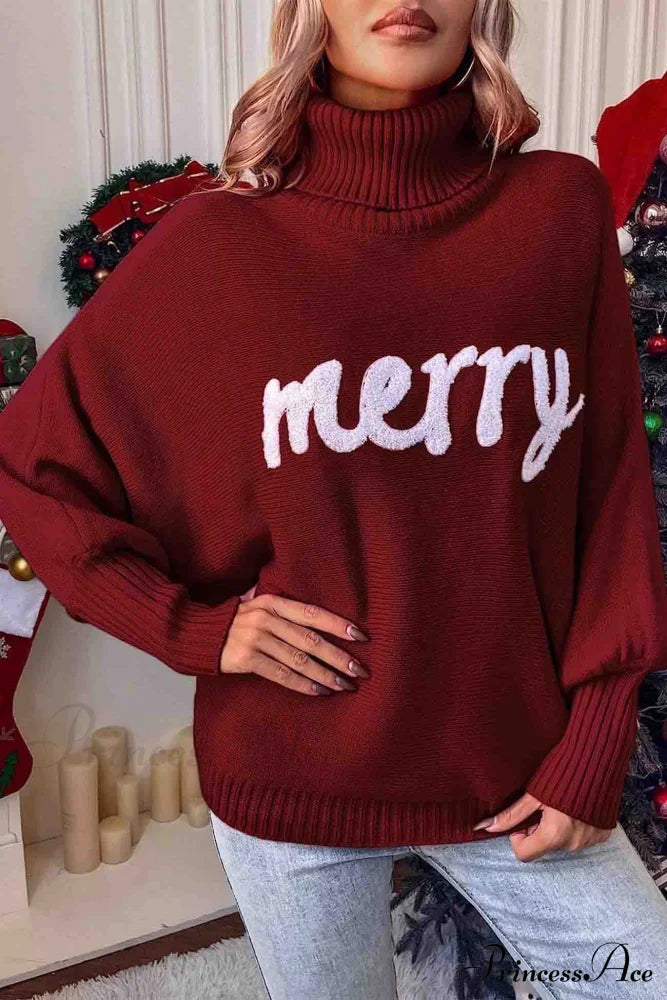Merry Dolman Sleeve Turtleneck Knitted Sweater Wine Red / L Sweaters-L