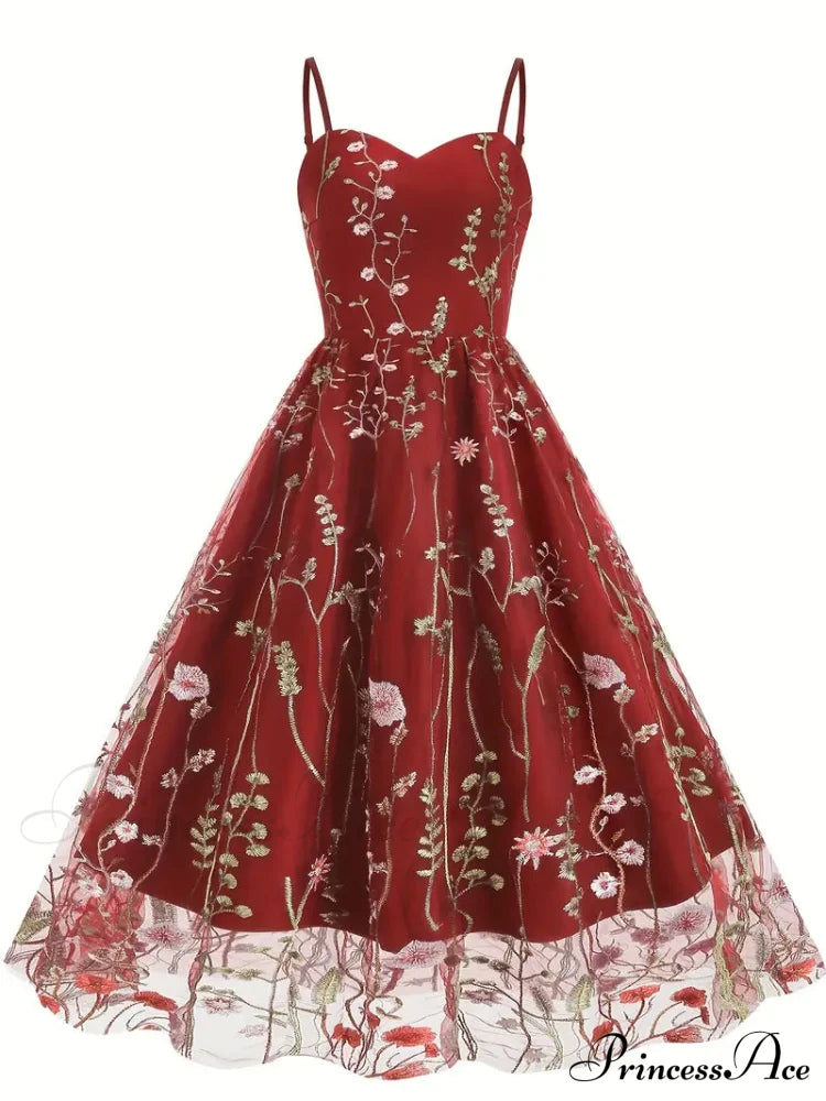 Mesh Floral Embroidery A Line Party Dress For Summer M / Beige Black Floral Maxi Dress