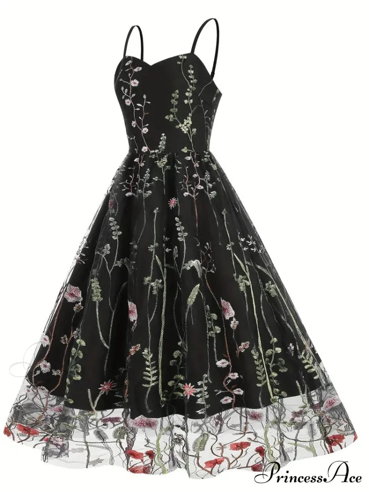 Mesh Floral Embroidery A Line Party Dress For Summer M / Red Black Floral Maxi Dress