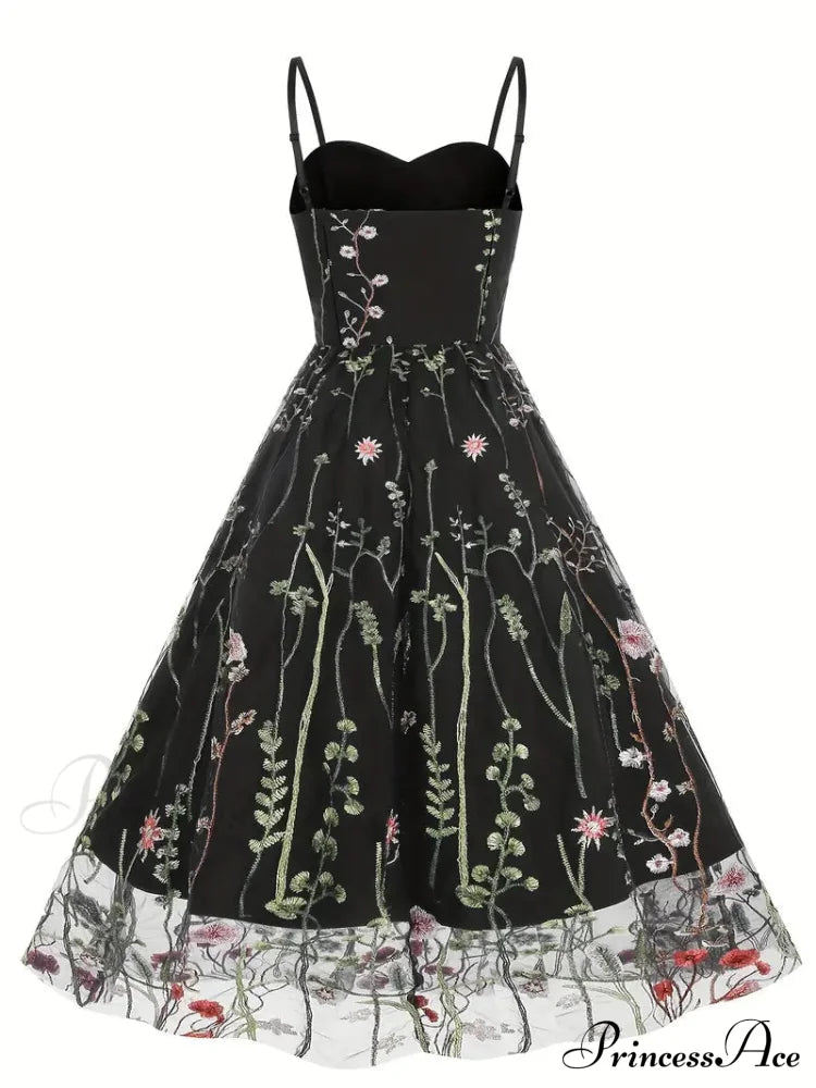 Mesh Floral Embroidery A Line Party Dress For Summer S / Beige Black Floral Maxi Dress