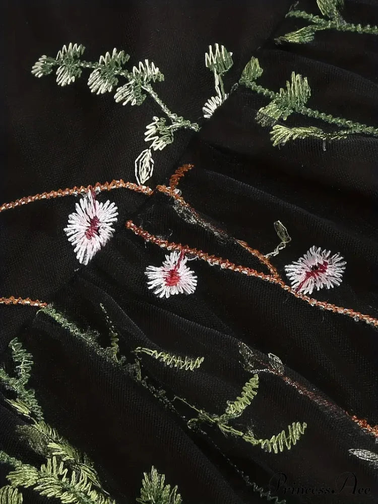 Mesh Floral Embroidery A Line Party Dress For Summer S / Black Black Floral Maxi Dress