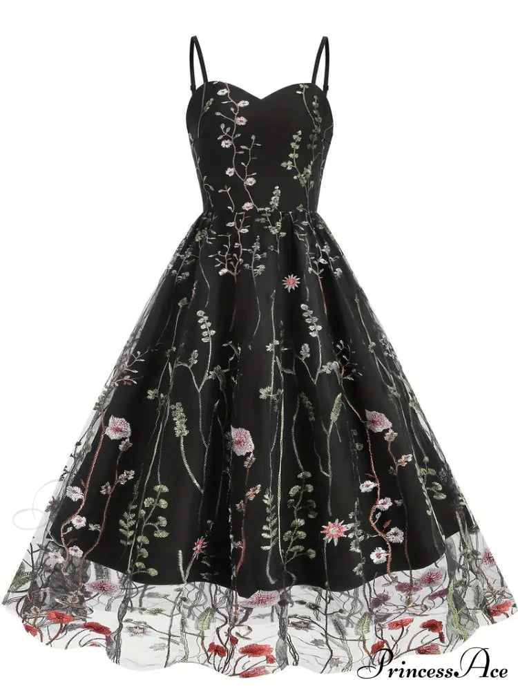 Mesh Floral Embroidery A Line Party Dress For Summer S / Blue Black Floral Maxi Dress