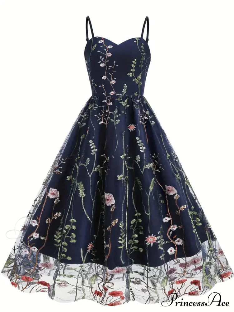 Mesh Floral Embroidery A Line Party Dress For Summer S / Red Black Floral Maxi Dress