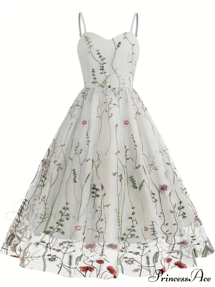 Mesh Floral Embroidery A Line Party Dress For Summer S / White Black Floral Maxi Dress