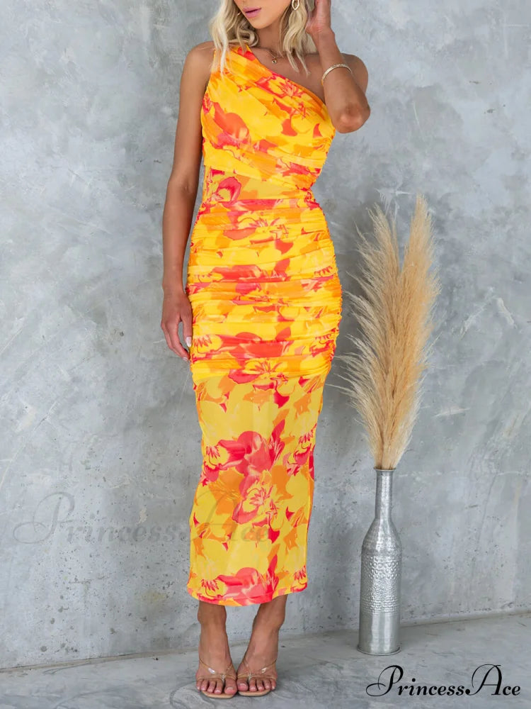 Mesh Overlay Printed One Graceful Shoulder Ruched Stretch Maxi Dress Dresses