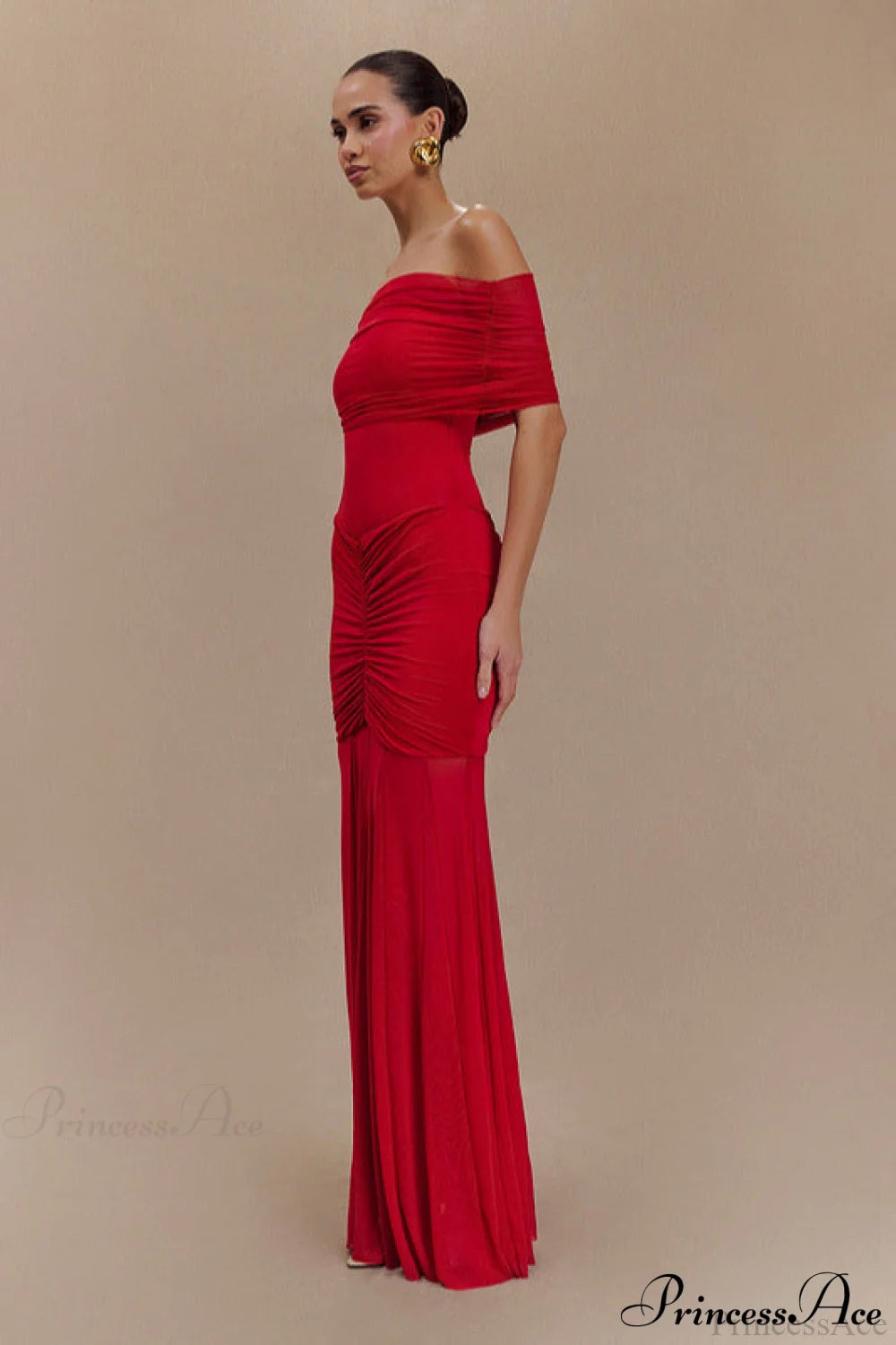 Mesh Panel Strapless Elegant Bodycon Party Dress Red / XS