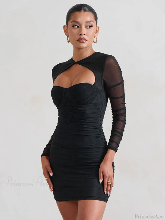 Mesh Pleated Wrap Mini Dress Black / S minidress-250223