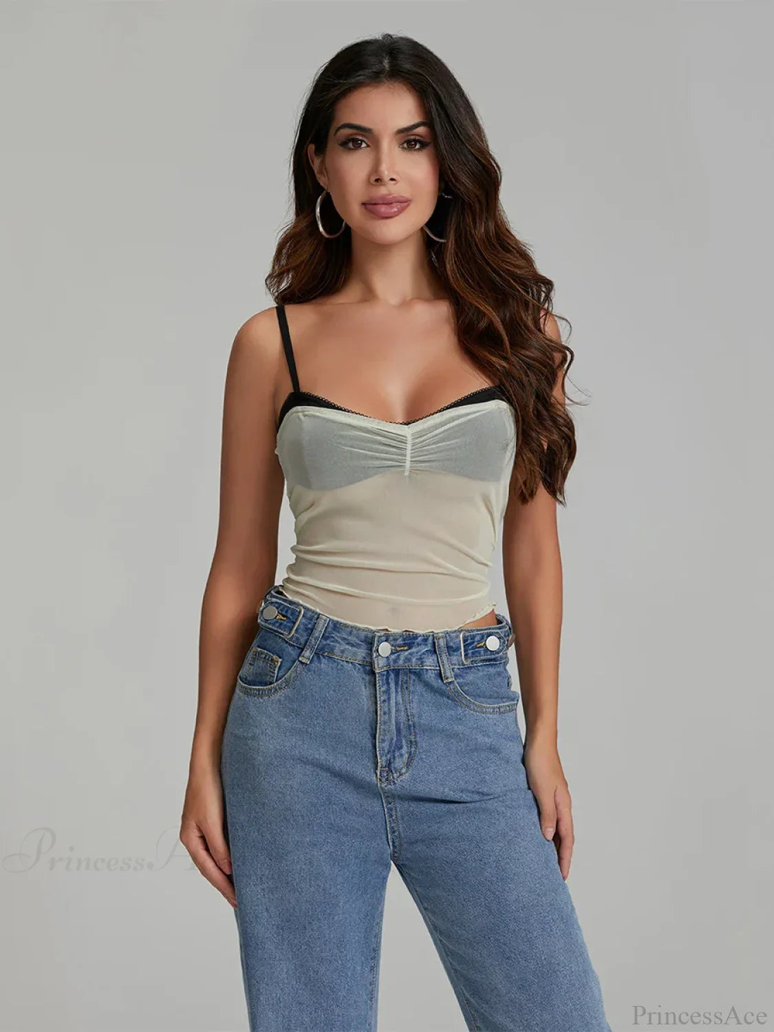 Mesh Ruched Color Patch Spaghetti Strap Crop Top WHITE1 / S croptop-250126