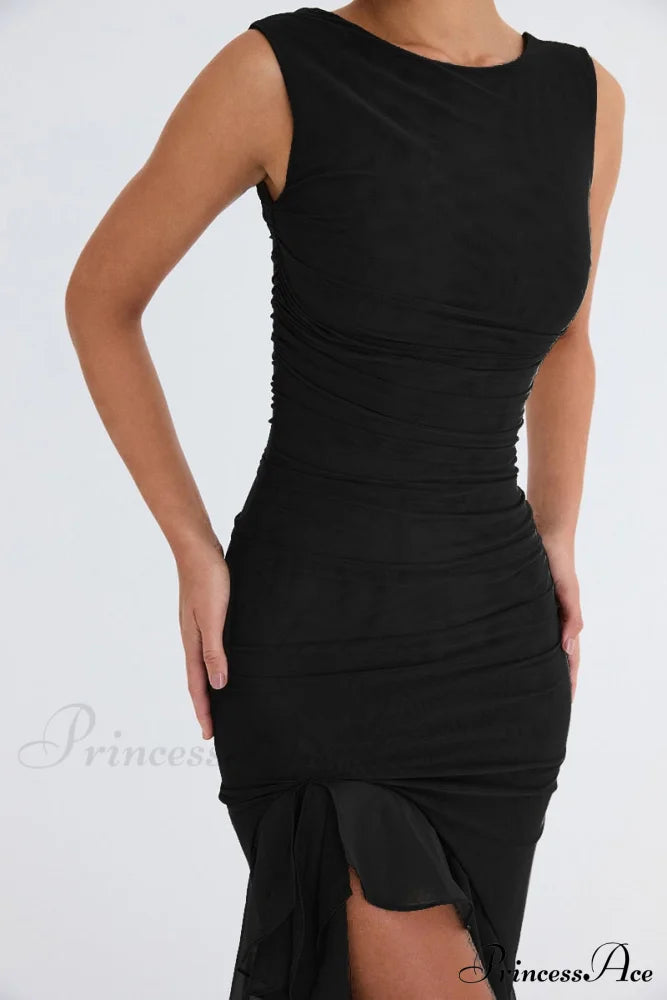 Mesh Ruffle Stylish Sleeveless Midi Dress