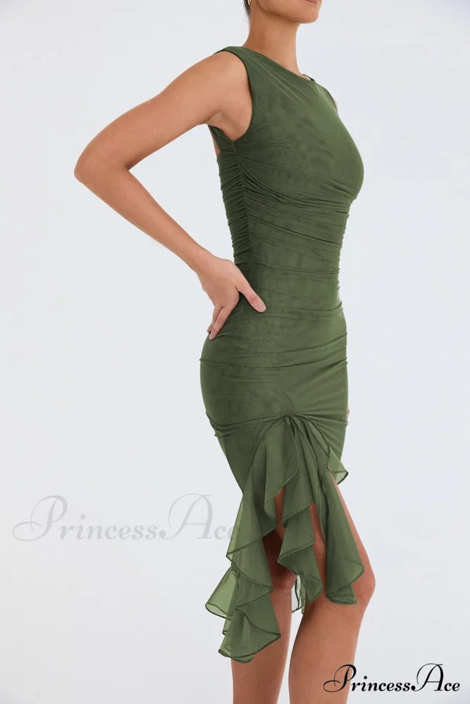 Mesh Ruffle Stylish Sleeveless Midi Dress