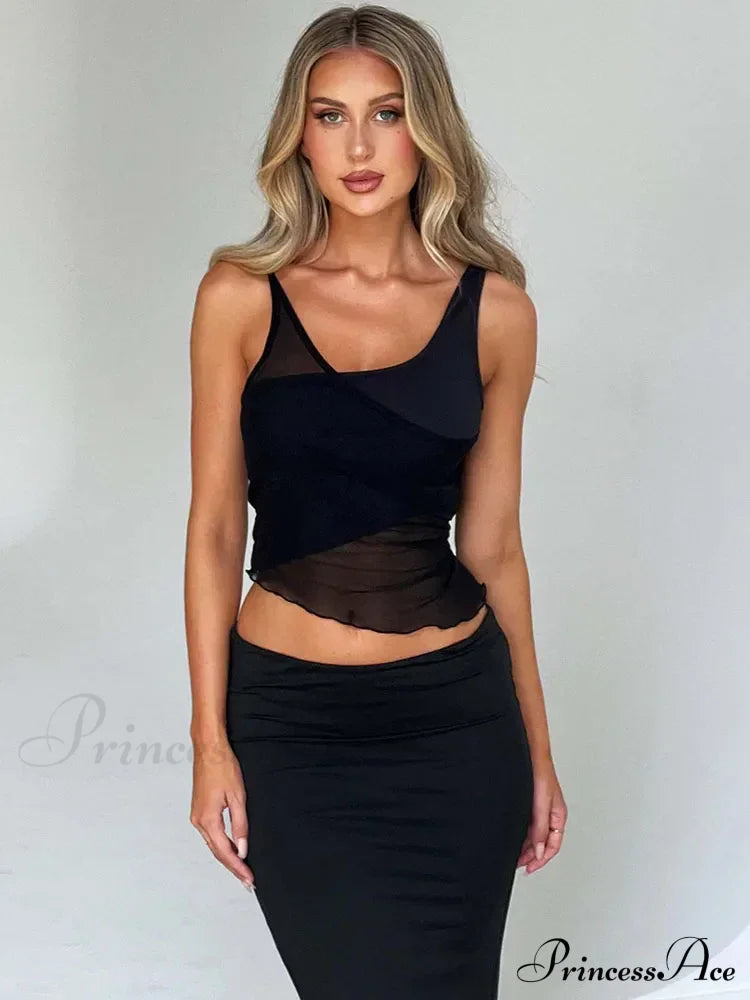 Mesh Sheer See Through Patchwork Tank Exposed Navels Summer Streetwear Women Irregular Hem Black