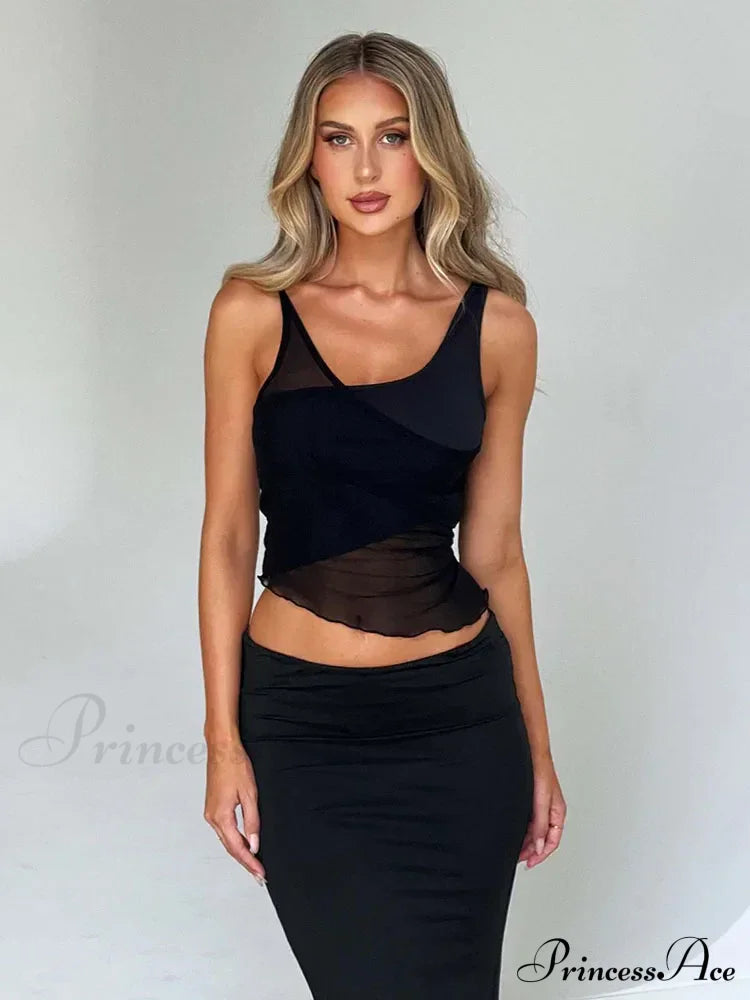 Mesh Sheer See Through Patchwork Tank Exposed Navels Summer Streetwear Women Irregular Hem Black