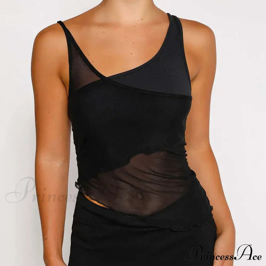Mesh Sheer See Through Patchwork Tank Exposed Navels Summer Streetwear Women Irregular Hem Black