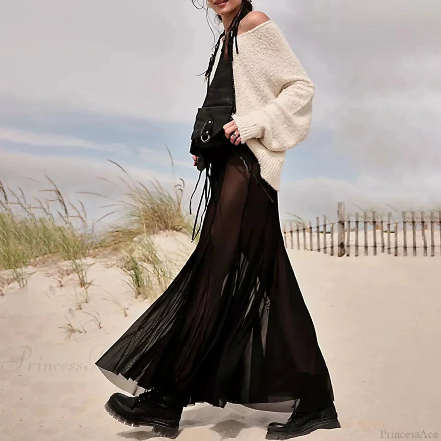 Mesh Transparent Frill Midi Skirt Black / S