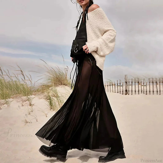 Mesh Transparent Frill Midi Skirt Black / S