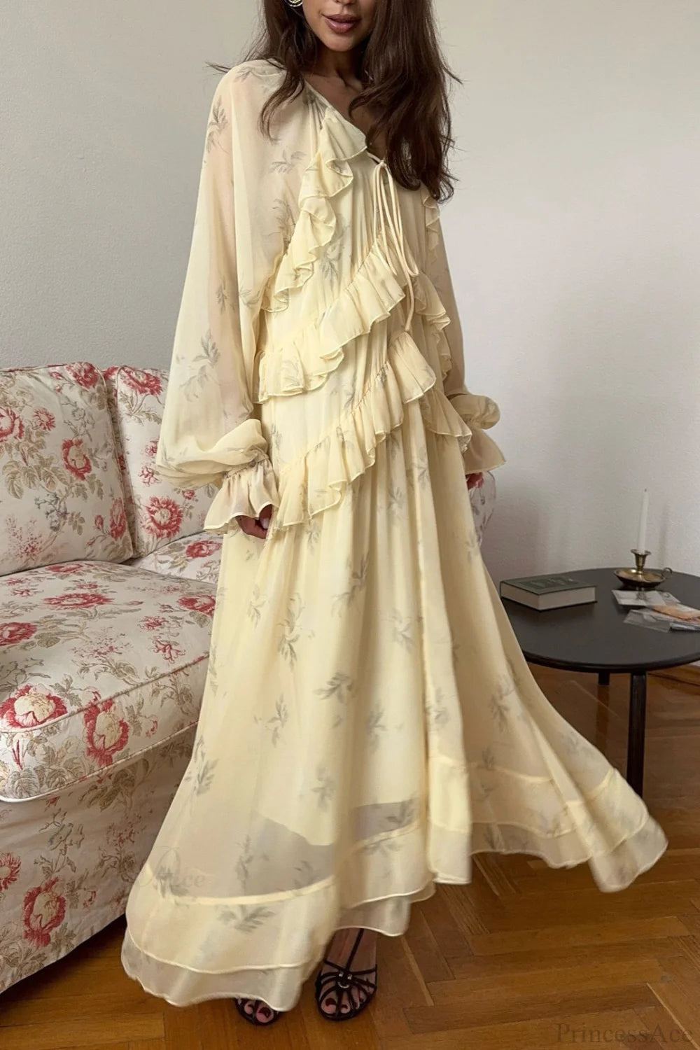 Mesh V Neck Ruffled Fitted Maxi Dress Yellow / S