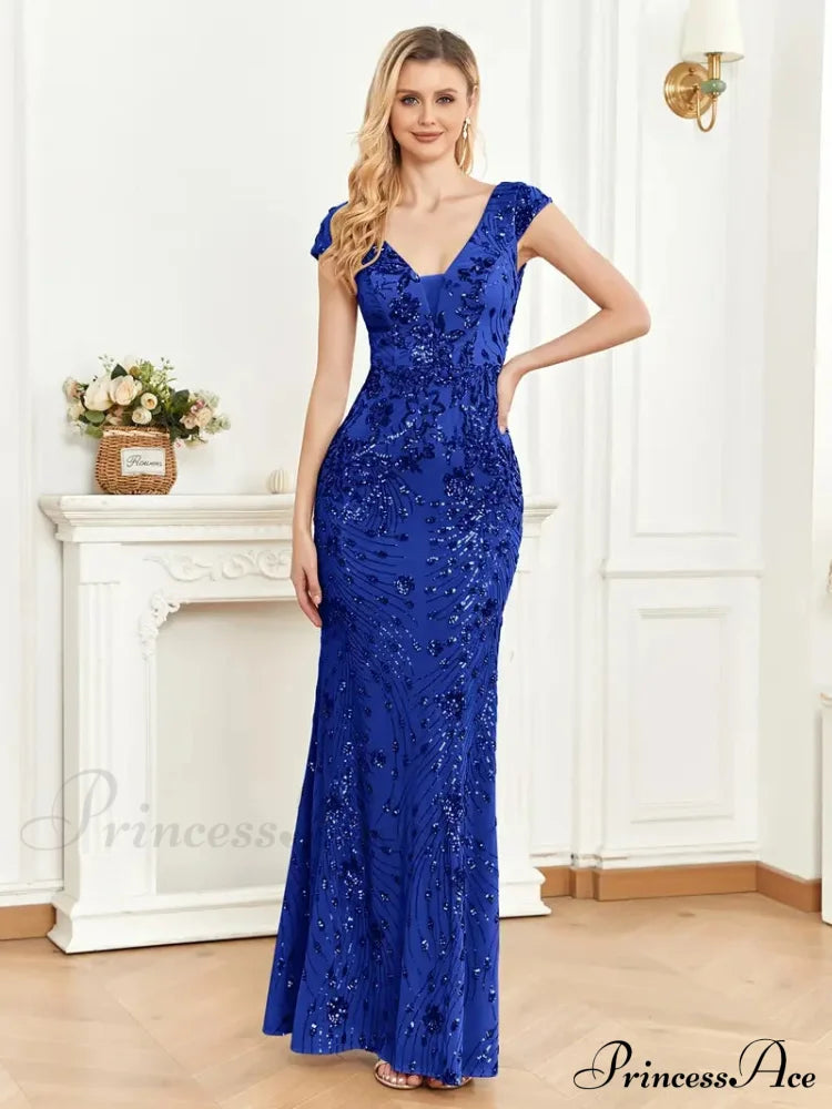 Mesh V Neck Sequin Cap Sleeve Ankle Prom Dress S / Gold Navy Blue Trumpet Mermaid Prom Dress
