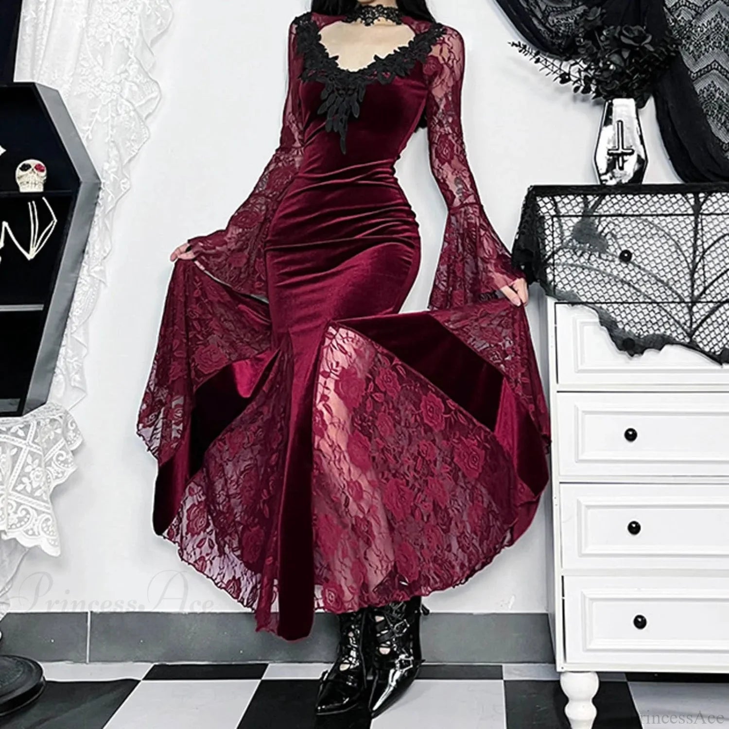 Mesh Velvet Hollow Out Long Dress Wine / S