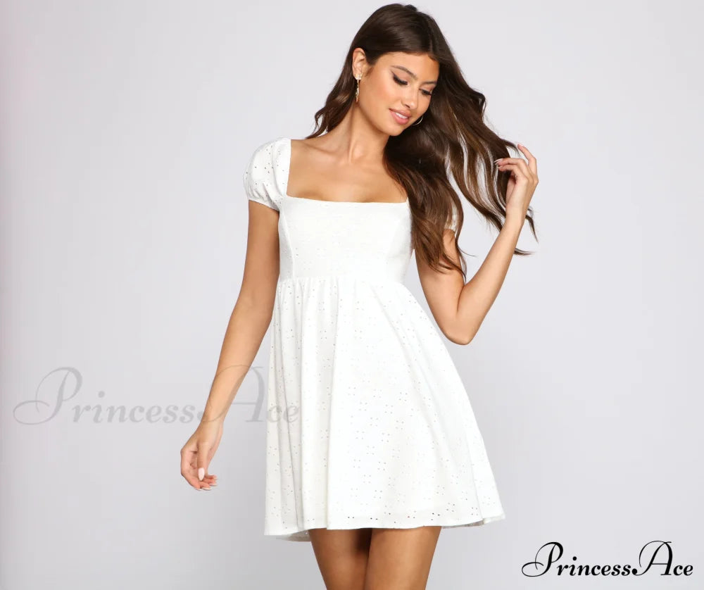 Mesmerizing Beauty Puff Sleeve Eyelet Skater Dress - Lady Occasions