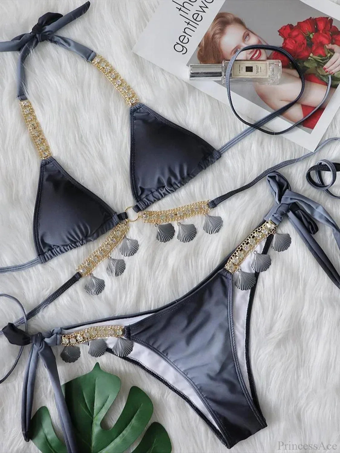 Metal Chains Wrap Around Bikini Set Black / S